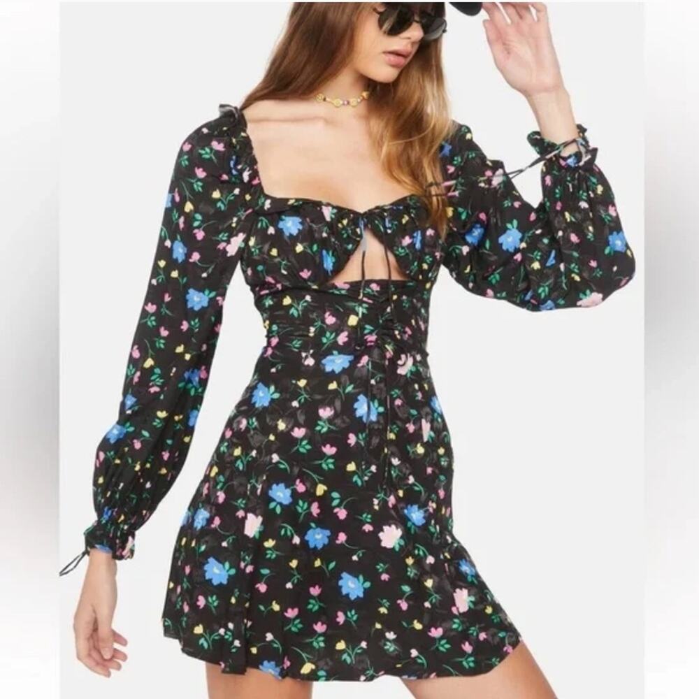 For Love & Lemons Lexy Long Sleeve Mini Dress - Black/Floral - Small - NWT